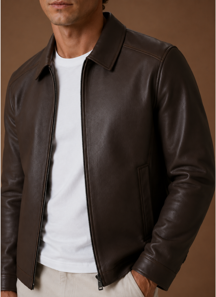 Close-up of a man wearing a dark brown leather jacket featuring a shirt collar, zip-front closure, and smooth leather construction.