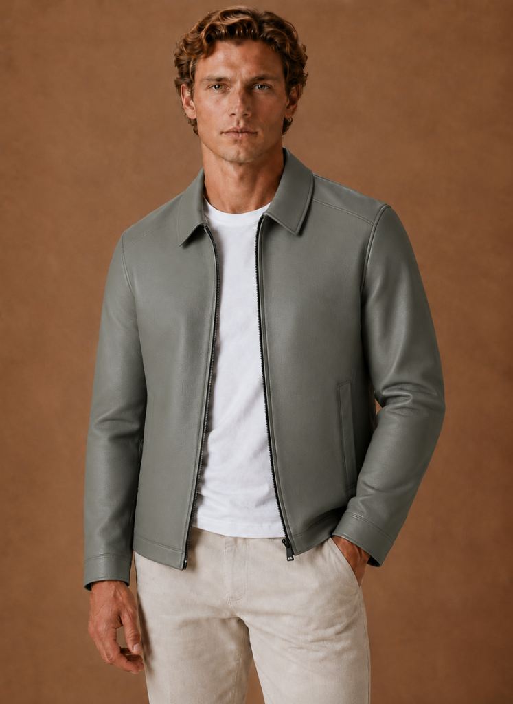 Man wearing a gray leather jacket with a shirt collar, zip-front closure, and minimalist design over a white T-shirt.