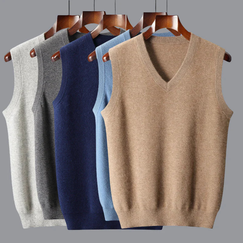 Men's V-neck knit sweater vests displayed in beige, white, navy, and light blue color options.