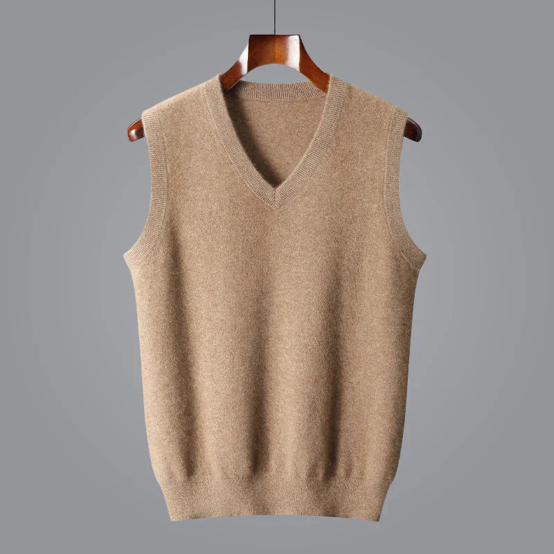 Men's beige knit sweater vest with a V-neck, ribbed hem, and sleeveless design.