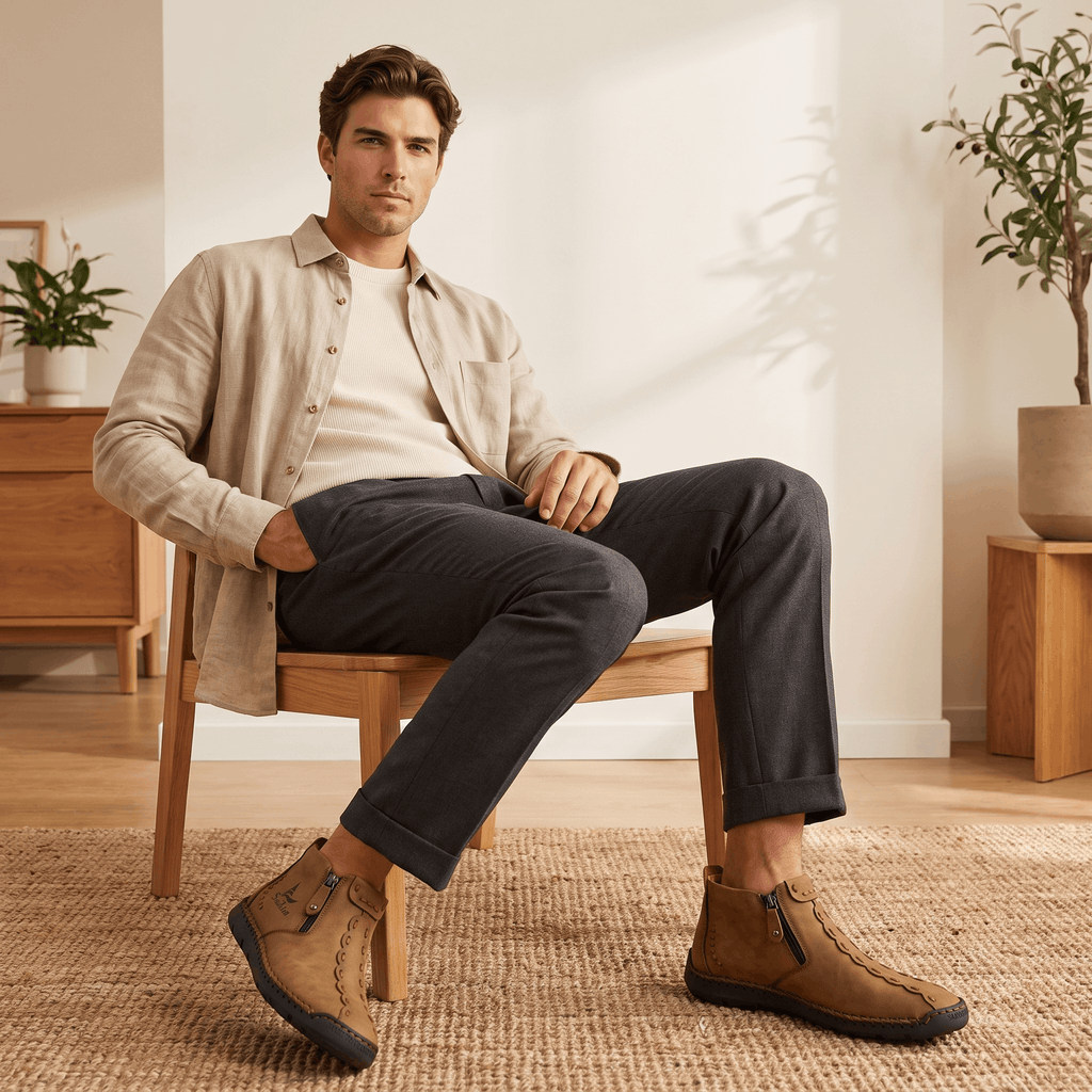 Man in beige jacket seated in wooden chair with legs crossed, wearing dark trousers and light brown leather Javier high-top zip boots, in a sunlit room with plants