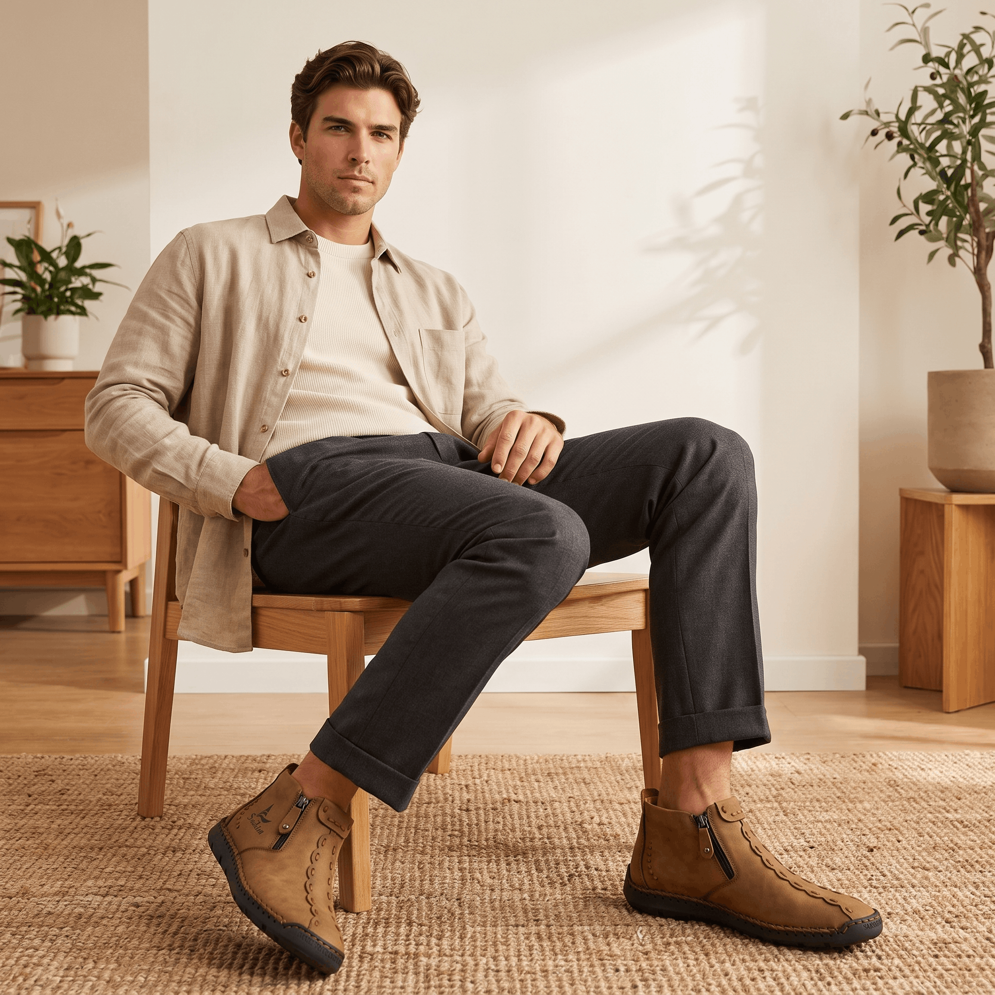 Man in beige jacket seated in wooden chair with legs crossed, wearing dark trousers and light brown leather Javier high-top zip boots, in a sunlit room with plants