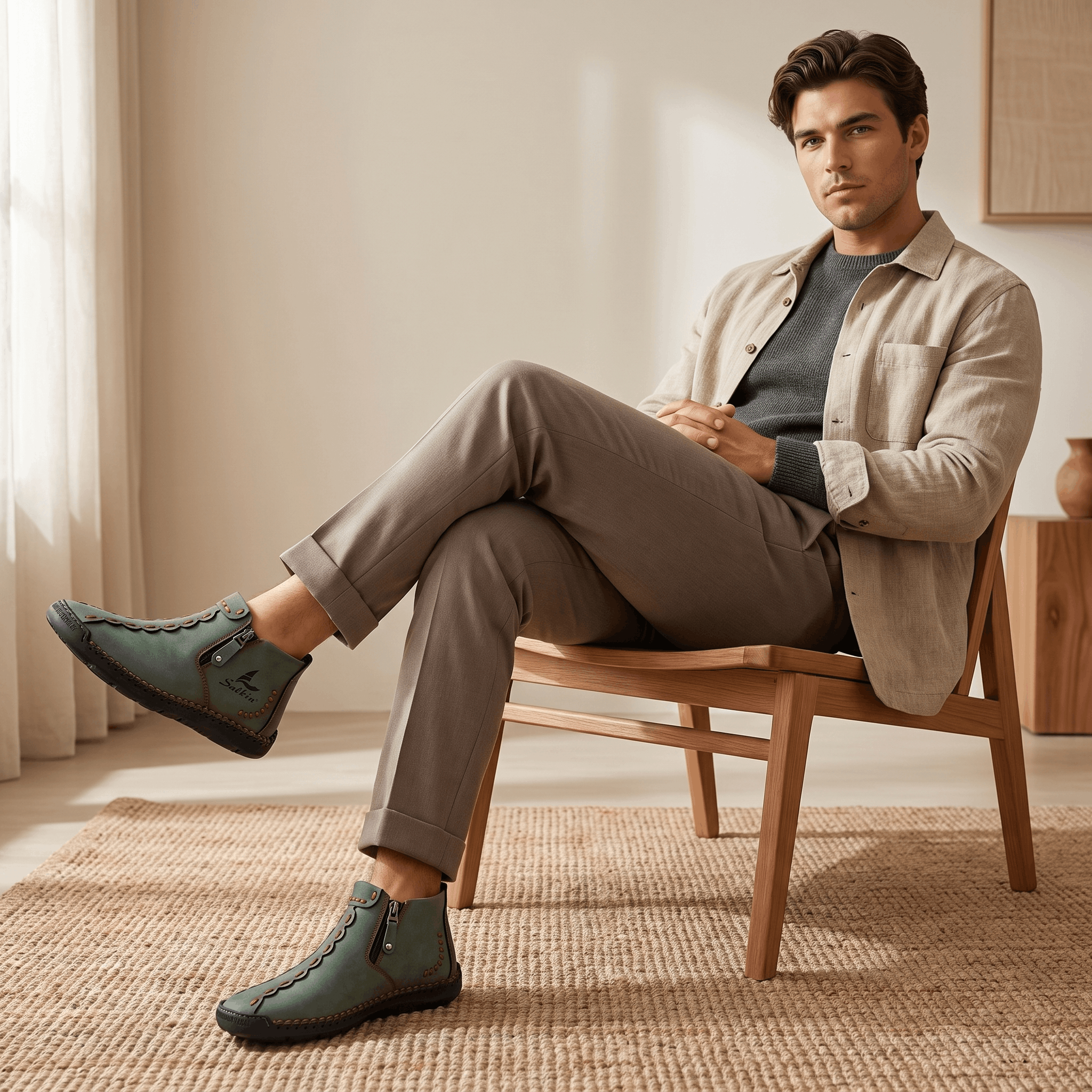 Man in beige jacket seated with legs extended, wearing sage green suede Javier high-top zip shoes, in a sunlit room on a jute rug