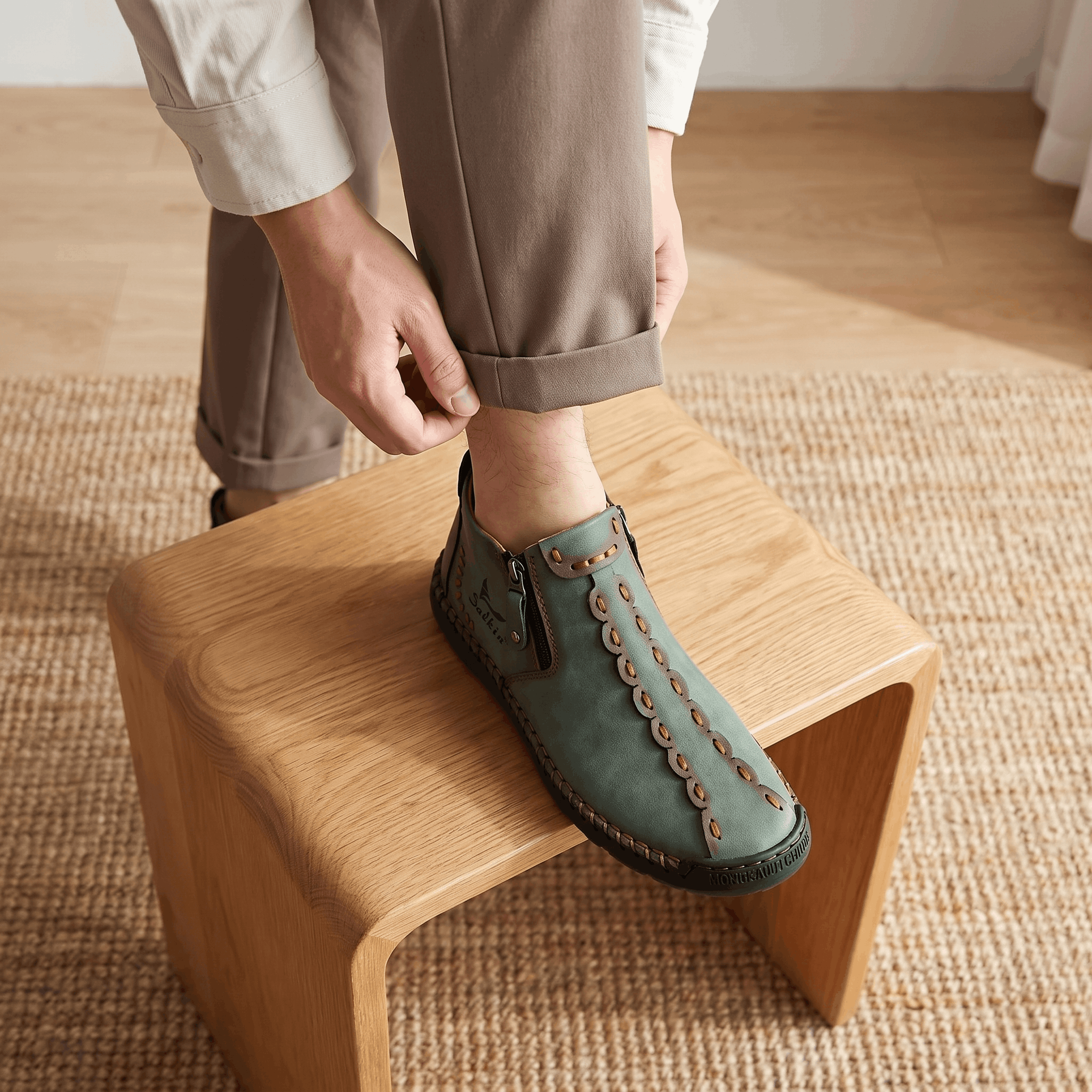 Man adjusting trouser cuff with foot propped on wooden stool, wearing sage green suede Javier high-top shoe over a jute rug