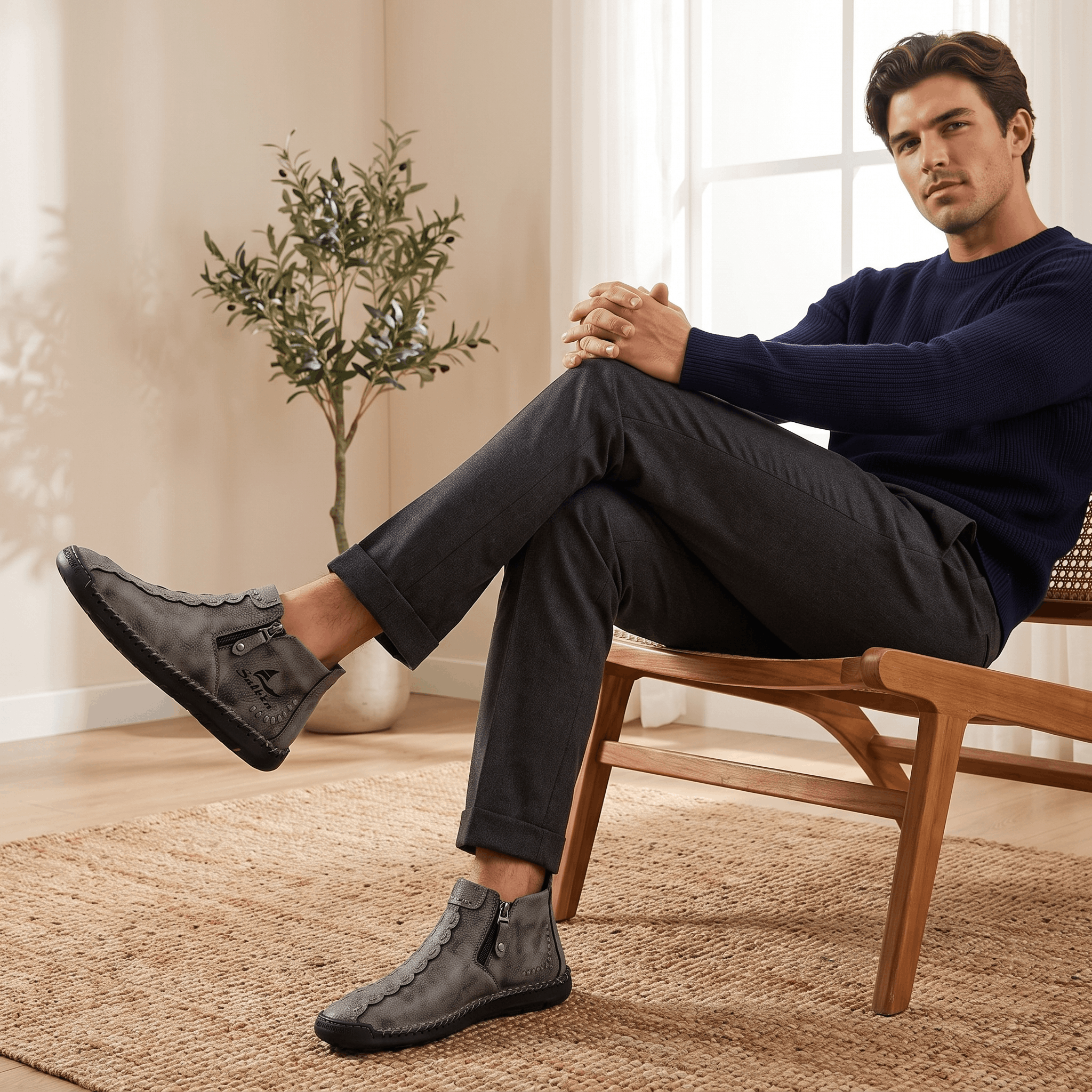 Man in navy sweater reclining with legs extended, wearing gray suede Javier high-top shoes, in a bright room with a potted plant