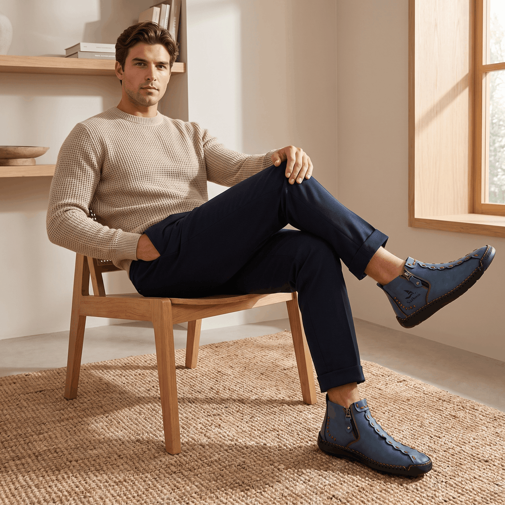 Man in beige sweater seated in wooden chair with legs crossed, wearing navy trousers and blue leather Javier high-top shoes, near a sunlit window and bookshelf