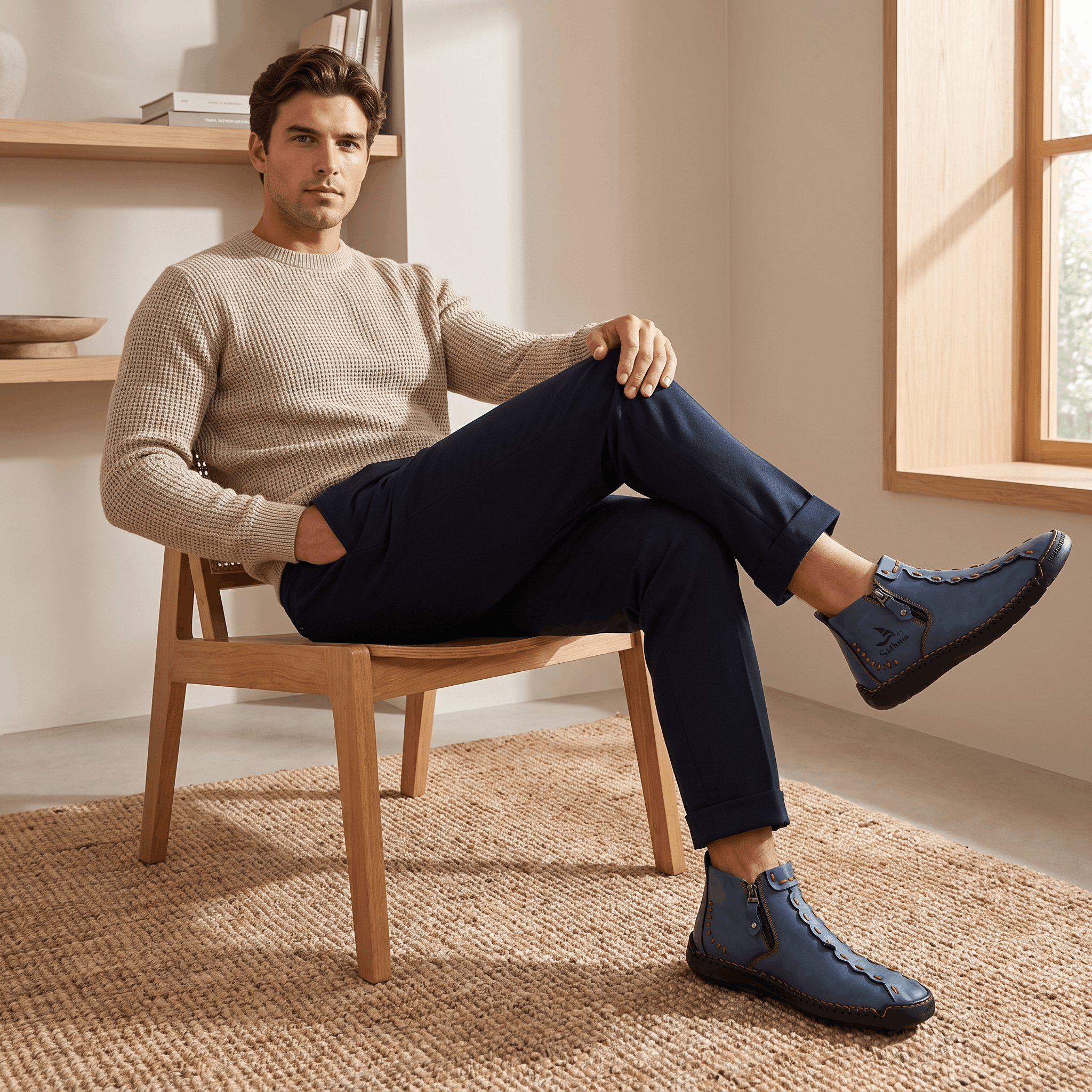 Man in beige sweater seated in wooden chair with legs crossed, wearing navy trousers and blue leather Javier high-top shoes, near a sunlit window and bookshelf