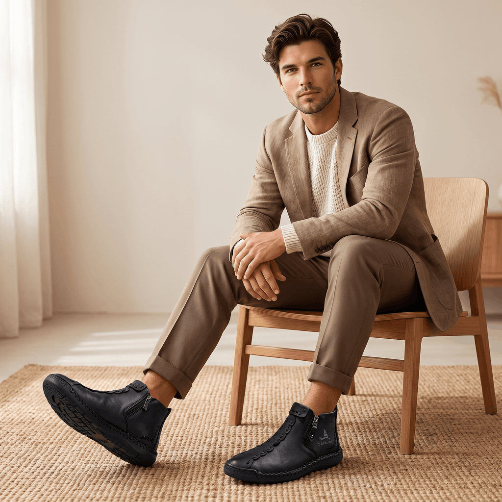 Man in tan blazer seated on wooden chair with legs crossed, wearing black leather Javier high-top shoes, in a warmly lit room on a jute rug