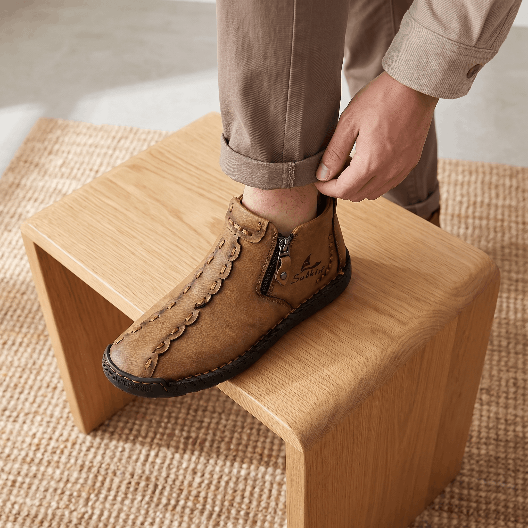Man adjusting trouser cuff with foot resting on wooden stool wearing tan leather Javier high-top shoe over jute rug