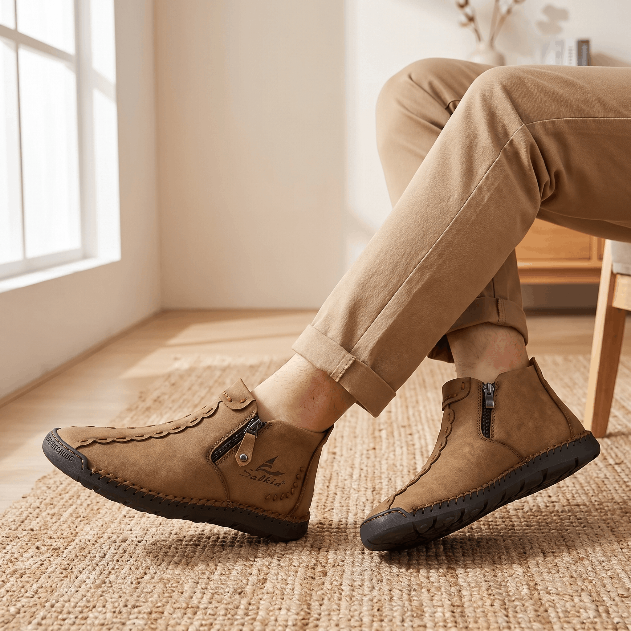 Crossed legs in tan trousers wearing tan leather Javier high-top shoes with side zippers over a jute rug