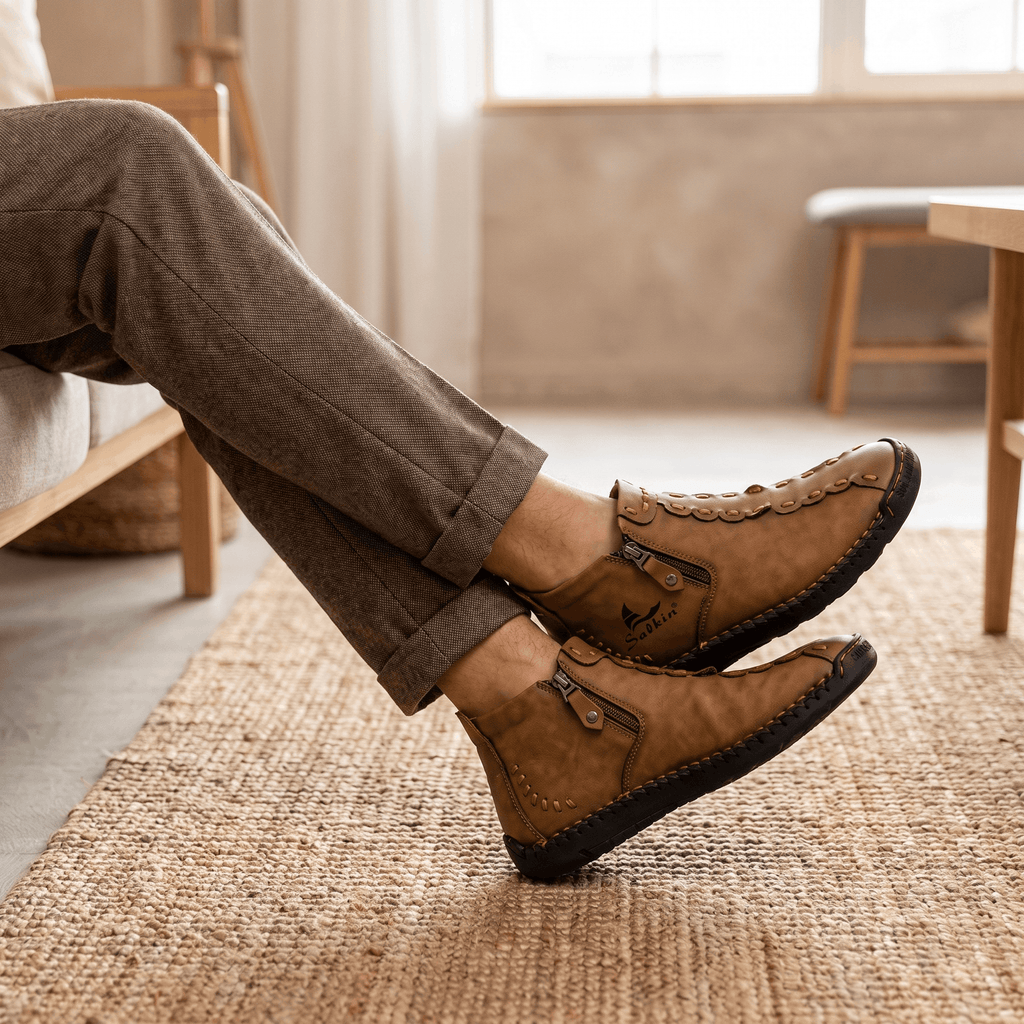 Legs extended in gray trousers wearing tan leather Javier high-top shoes with side zippers in a cozy interior