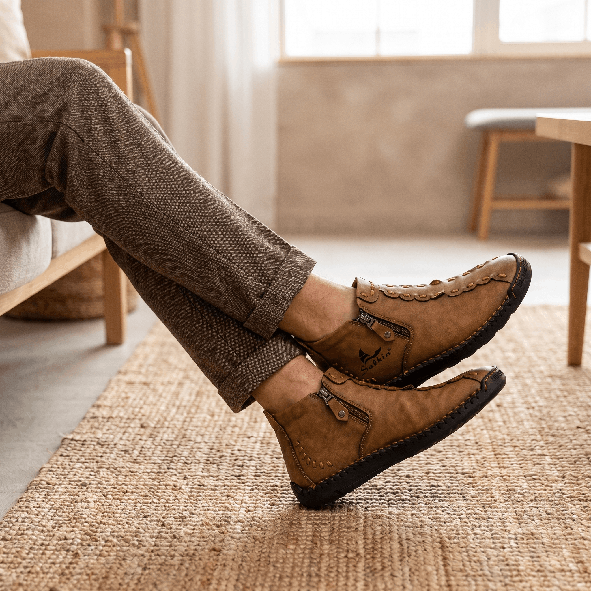 Legs extended in gray trousers wearing tan leather Javier high-top shoes with side zippers in a cozy interior