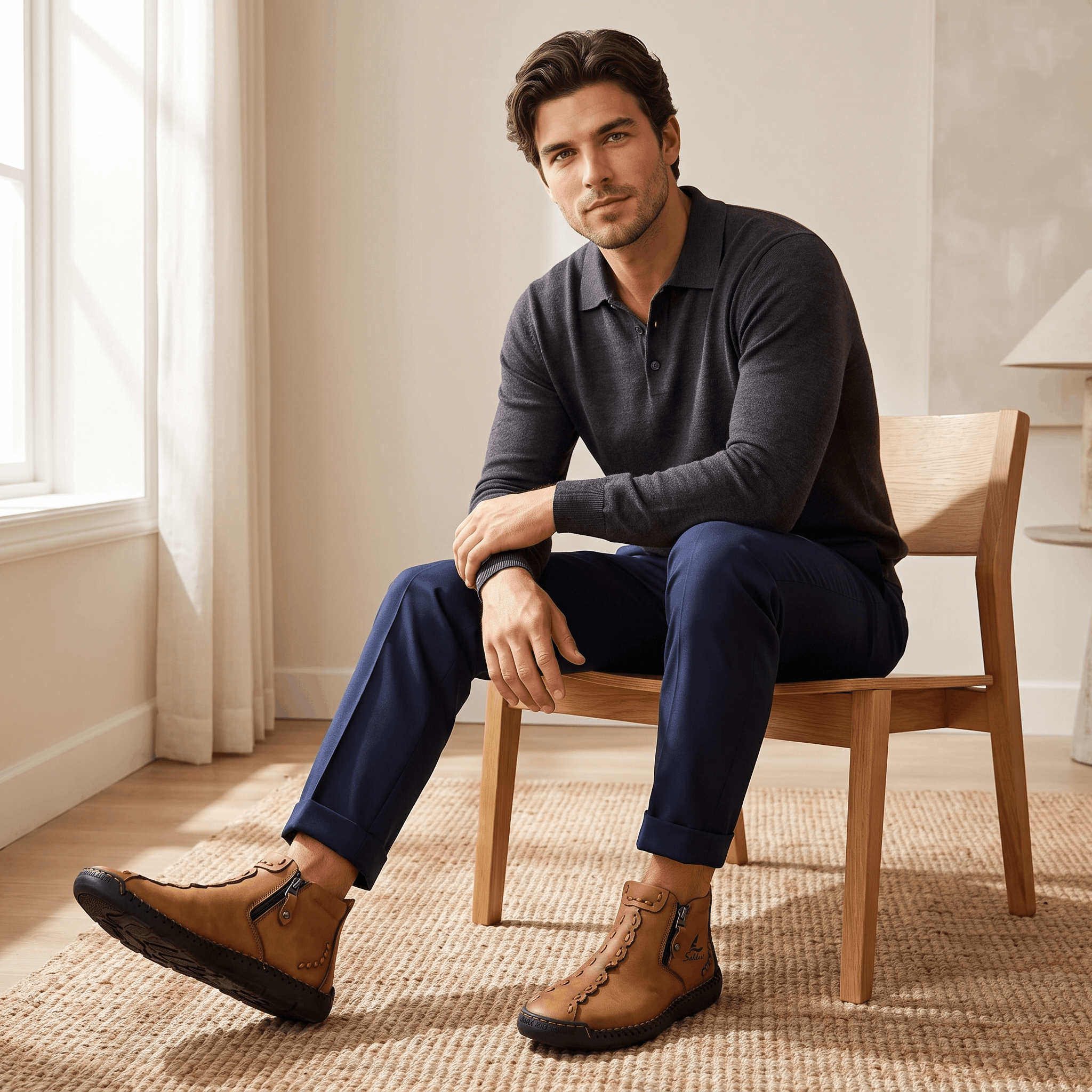 Man seated in wooden chair wearing gray sweater, navy trousers, and tan leather Javier high-top shoes in a sunlit room