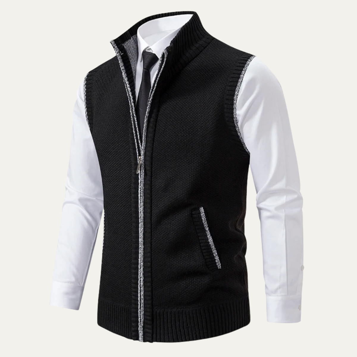 Men's black knit zip-up sweater vest featuring a stand collar, ribbed hem, zip pockets, and sleeveless design over a white dress shirt.