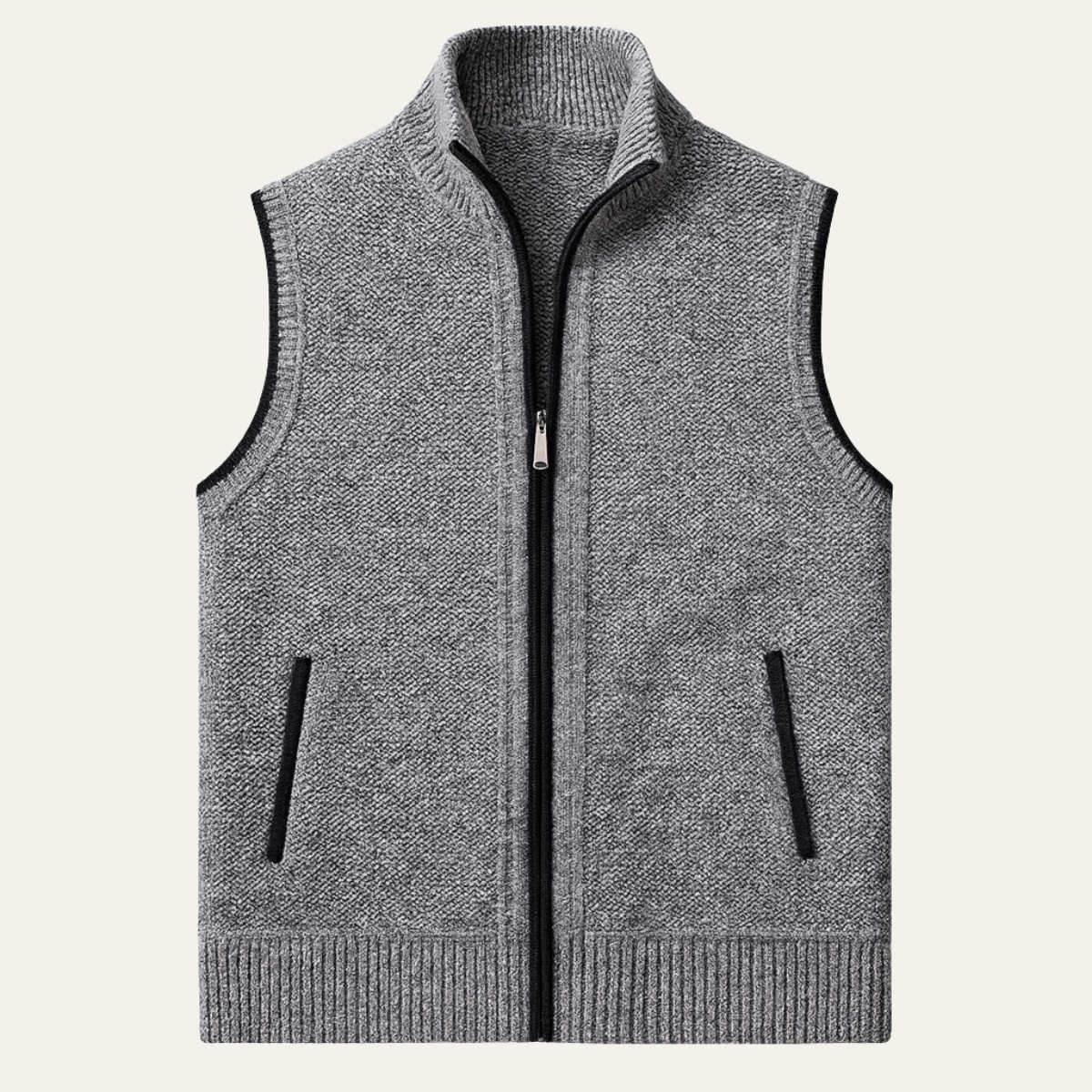 Men's light gray knit zip-up sweater vest with a stand collar, sleeveless design, ribbed hem, and front zip pockets displayed on a white background.