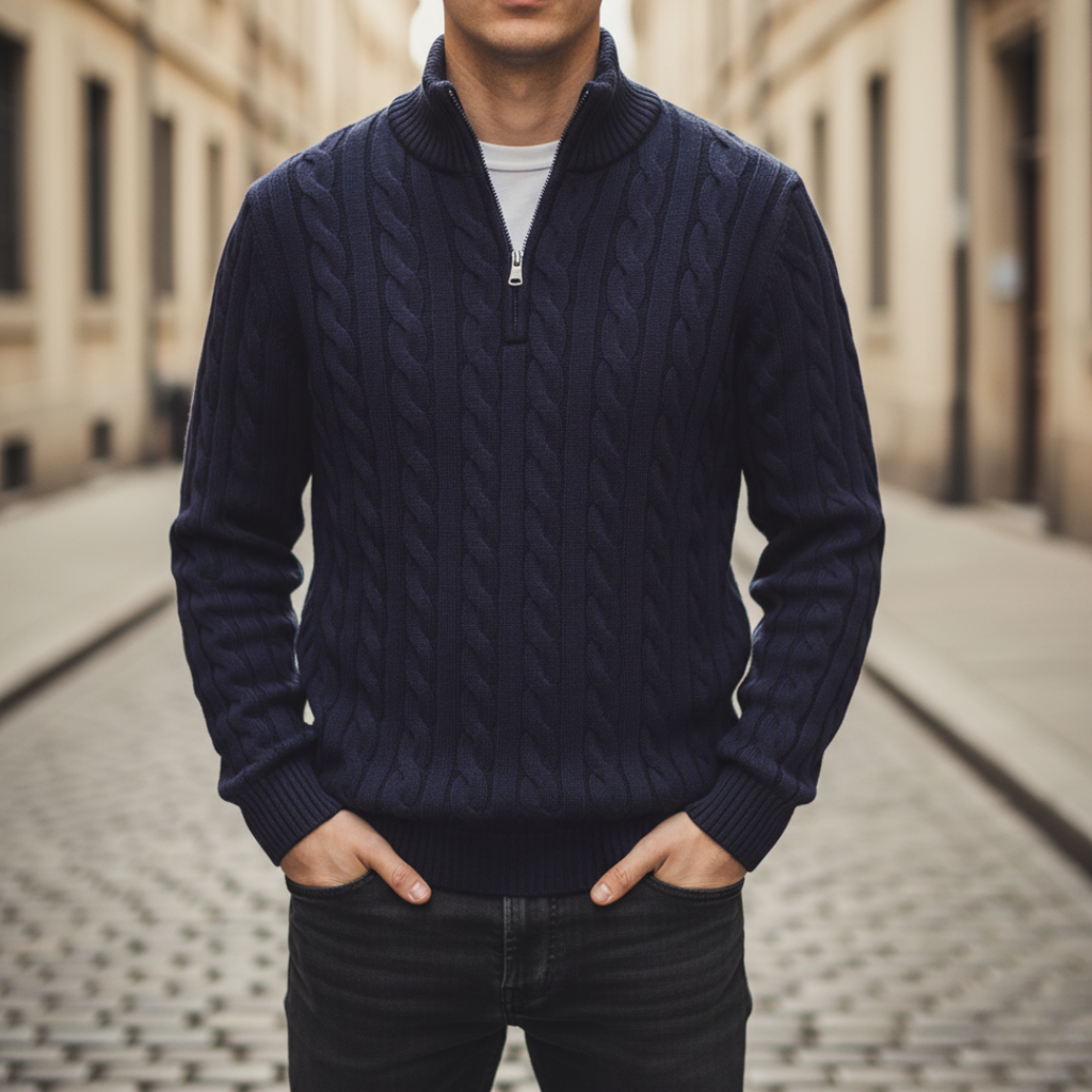 Navy cable knit half-zip sweater with a stand collar and ribbed cuffs, styled with dark trousers in an urban street setting.