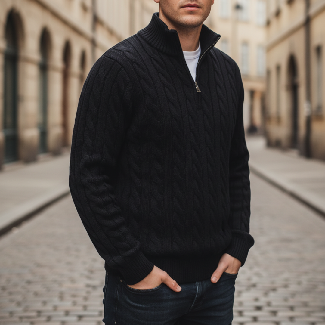 Black cable knit half-zip sweater with a stand collar and ribbed cuffs, worn casually in a city street setting.