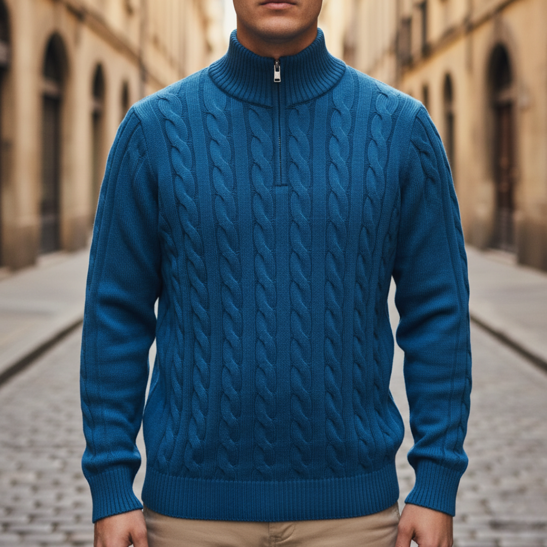 Blue cable knit half-zip sweater with a stand collar and ribbed cuffs, paired with khaki trousers in an outdoor urban setting.