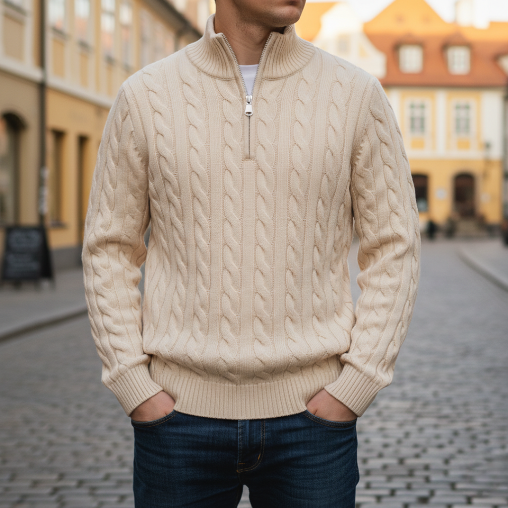Beige cable knit half-zip sweater with a stand collar and ribbed cuffs, worn with blue jeans on a European-style cobblestone street.