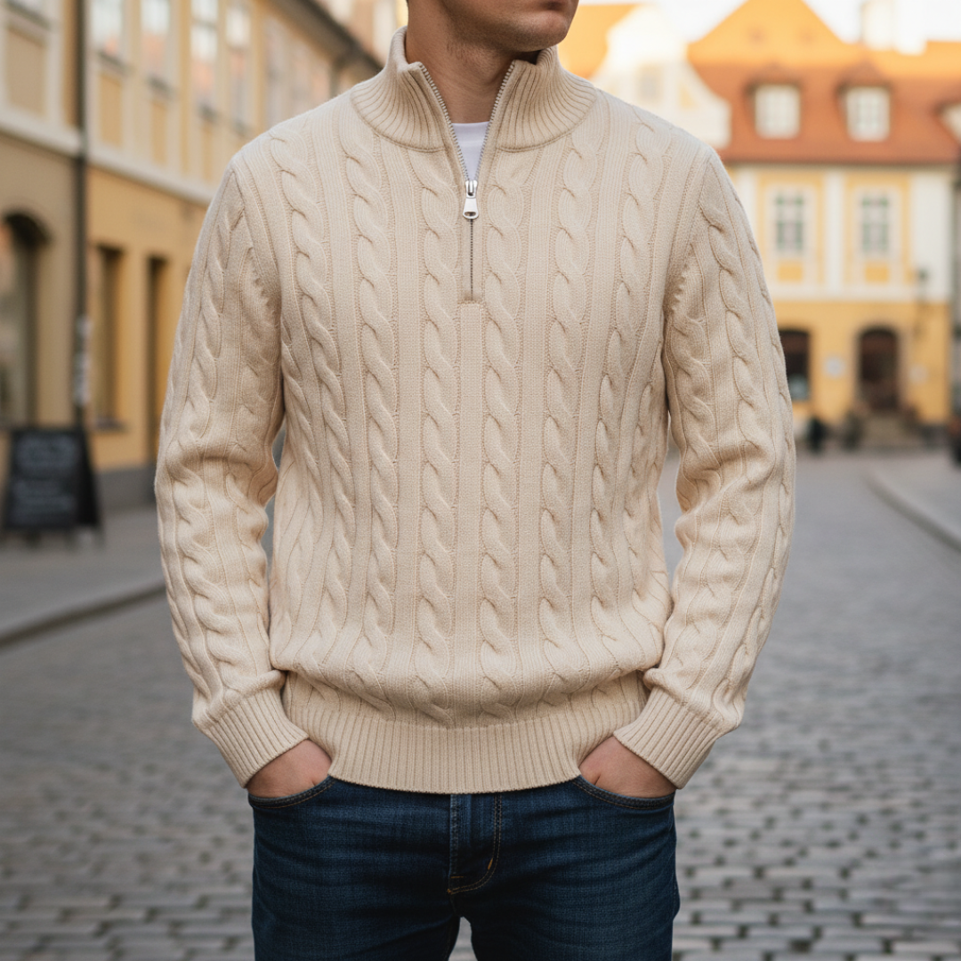 Beige cable knit half-zip sweater with a stand collar and ribbed cuffs, worn with blue jeans on a European-style cobblestone street.