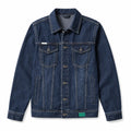 Men's dark wash denim trucker jacket featuring a button-front closure, chest flap pockets, pointed collar, and contrast stitching.