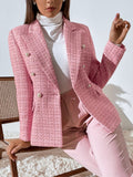 Woman wearing a pink textured tweed blazer with gold-tone buttons, notched lapels, flap pockets, and tailored fit, paired with pink trousers and a white turtleneck.
