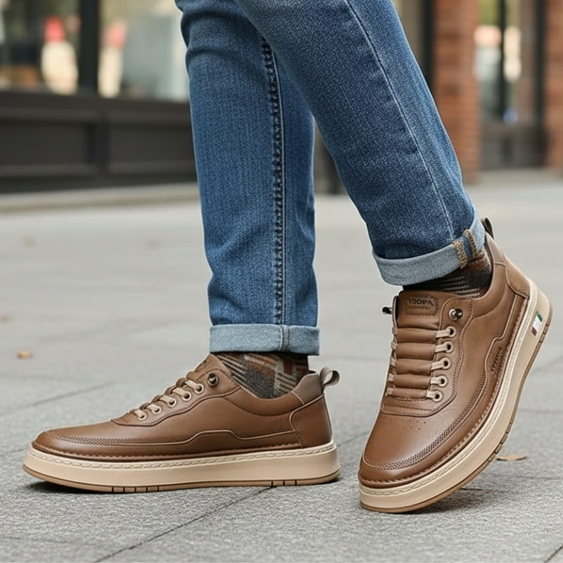 Person wearing brown leather chunky sneakers with cuffed jeans, walking on a city sidewalk