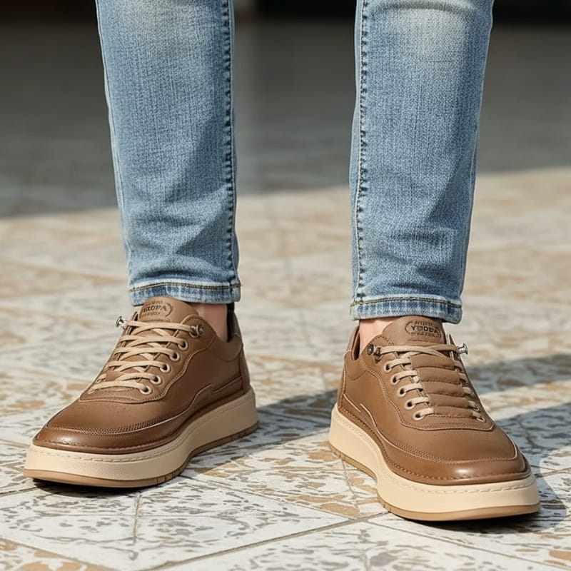 Person wearing beige leather chunky sneakers with cuffed jeans, standing on a patterned tile floor