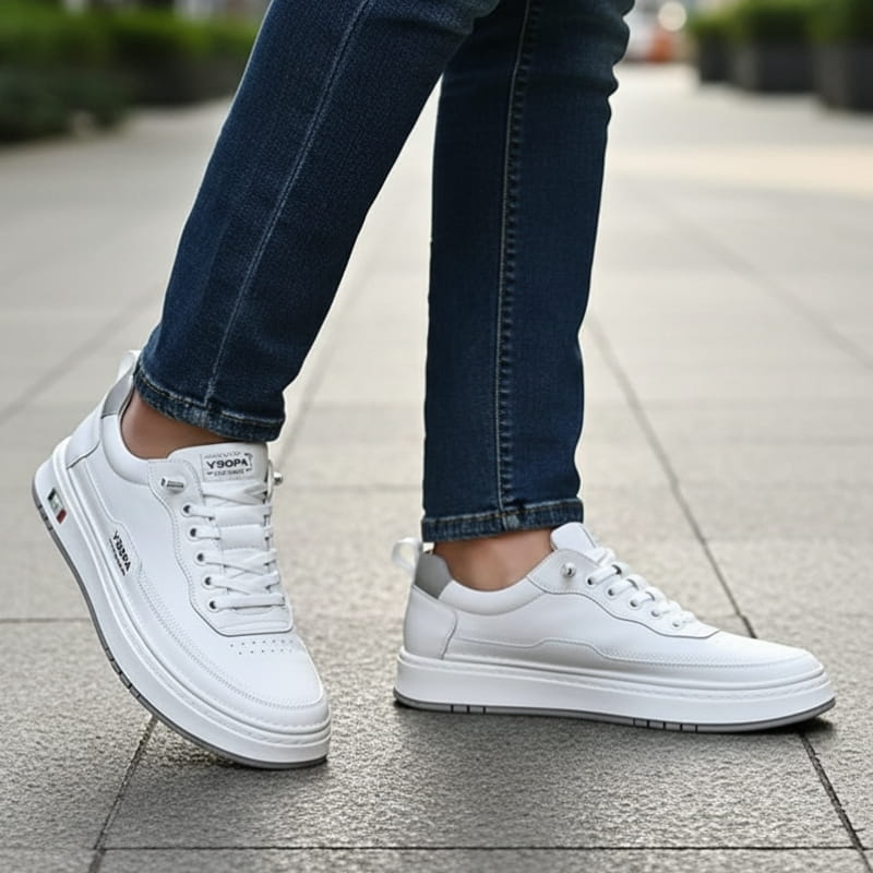 Person wearing white leather chunky sneakers with dark jeans, walking on a paved street