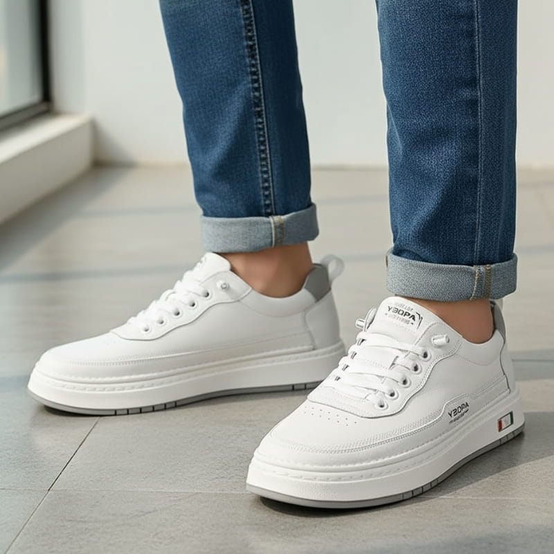 Person wearing white leather chunky sneakers with cuffed jeans, standing indoors near a window