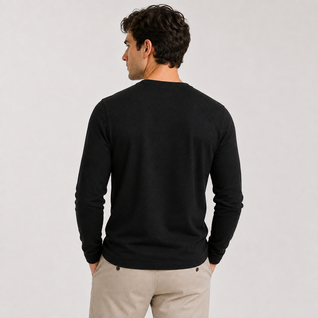 Back view of a men's black long-sleeve Henley sweater with a clean, minimalist design and ribbed hem.