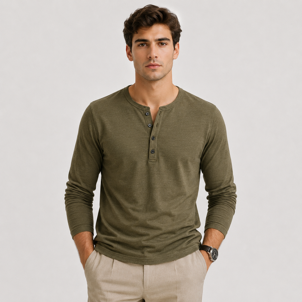 Man wearing an olive green long-sleeve Henley sweater with a three-button placket and classic fitted silhouette.