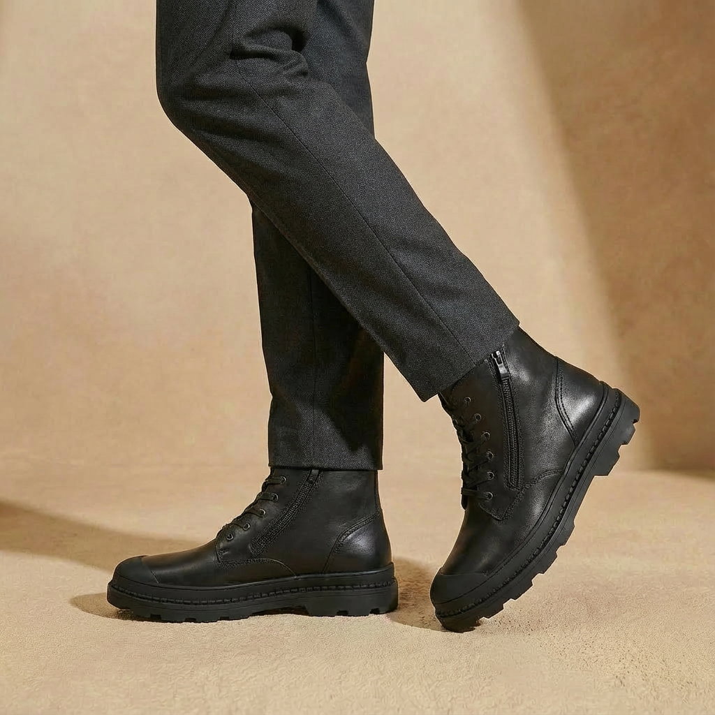 Black leather ankle boots with lace-up closure, side zippers, and rugged soles shown in a side view