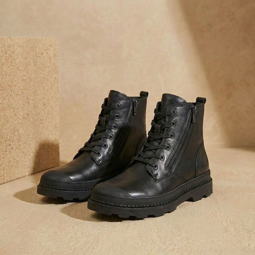 Black leather ankle boots with fleece lining, side zip, and lace-up closure, front view