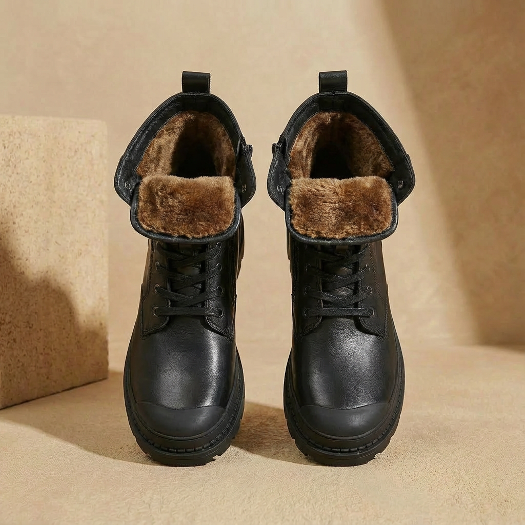 Black leather ankle boots with fleece lining, side zip, and lace-up closure, top view