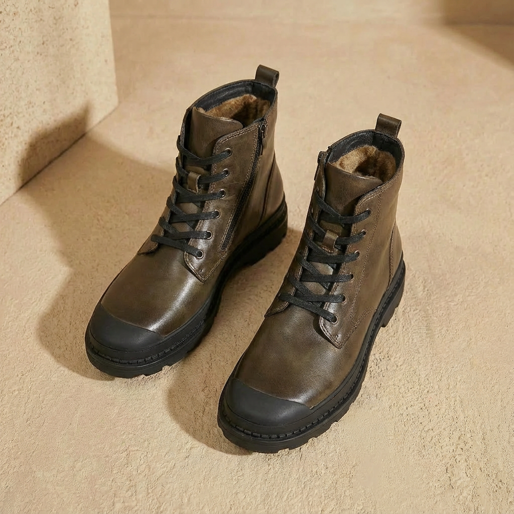 Brown leather ankle boots with fleece lining, side zip, and lace-up closure, angled view