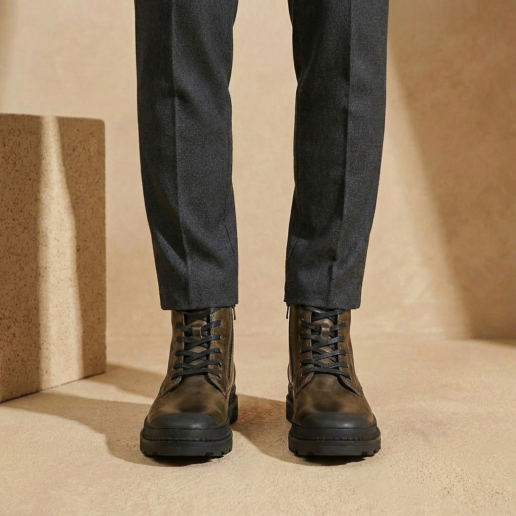 Black leather ankle boots with lace-up closure, side zippers, fleece lining, and rugged soles worn with black pants