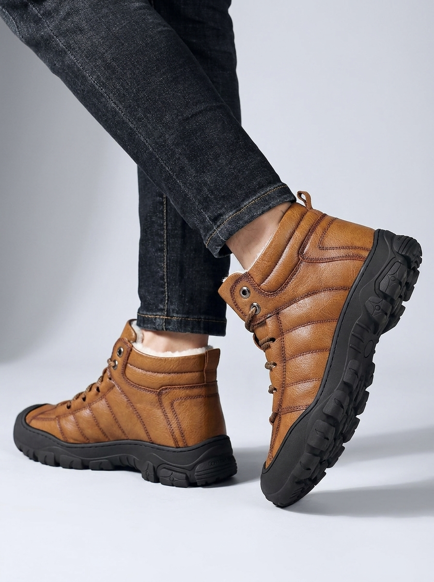Tan fur-lined winter boots worn by a person, featuring a wide toe box, side zip, lace-up closure, and rugged sole