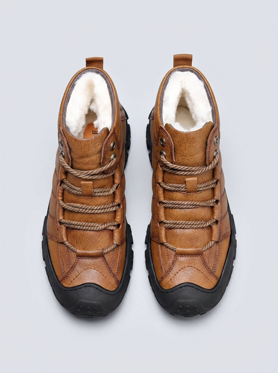 Tan fur-lined winter boots shown from the top, featuring a wide toe box, lace-up closure, and side zip