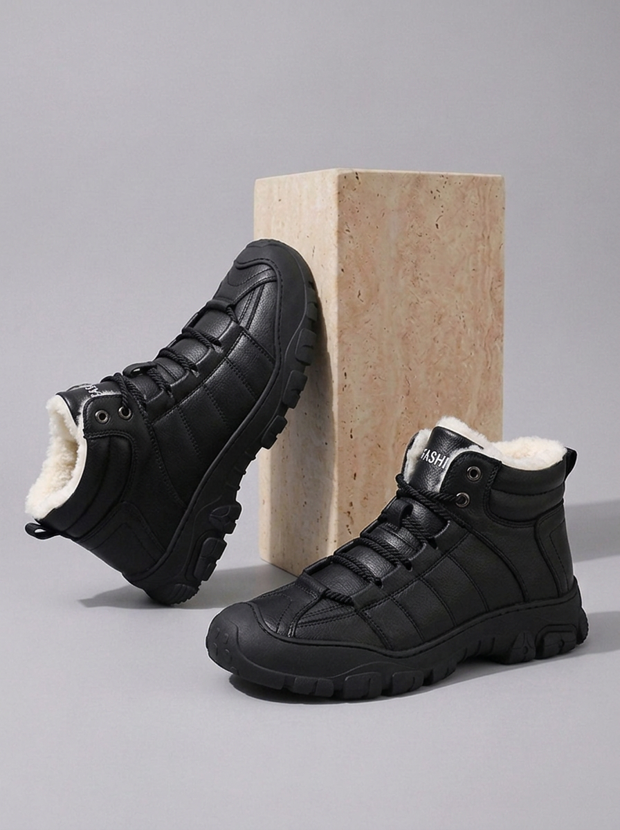 Black fur-lined winter boots for men with a wide toe box, side zip, lace-up closure, and rugged sole