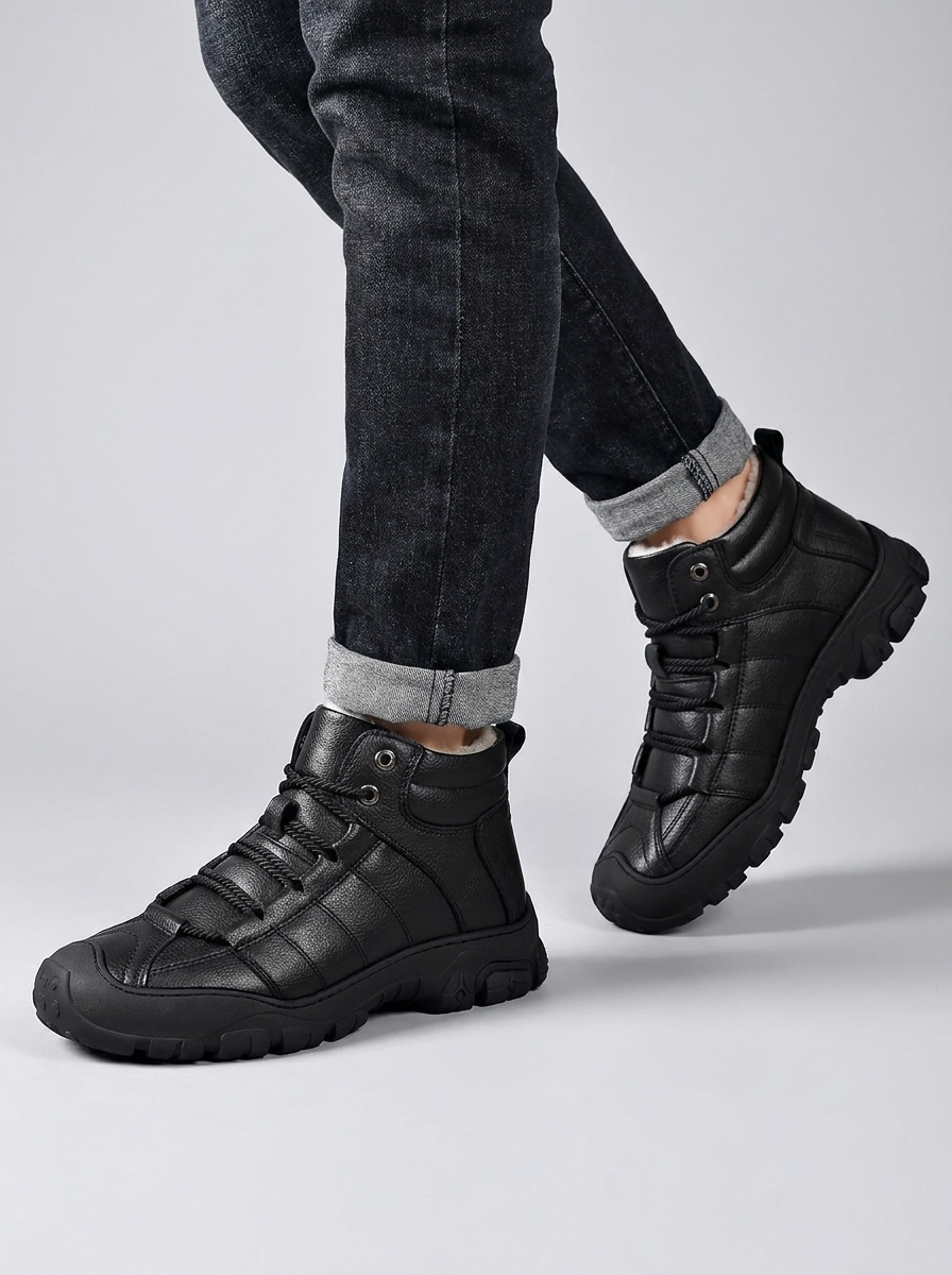 Black fur-lined winter boots worn by a person, featuring a wide toe box, side zip, lace-up closure, and rugged sole