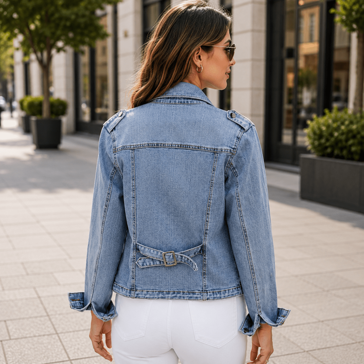 Back view of a woman wearing a light wash denim moto jacket with a cropped fit and white jeans in a city street setting.