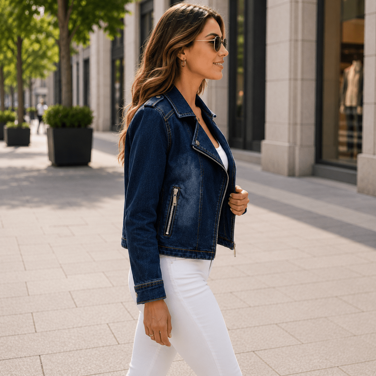 Side view of a woman wearing a dark wash denim moto jacket with a cropped moto silhouette, paired with white jeans.