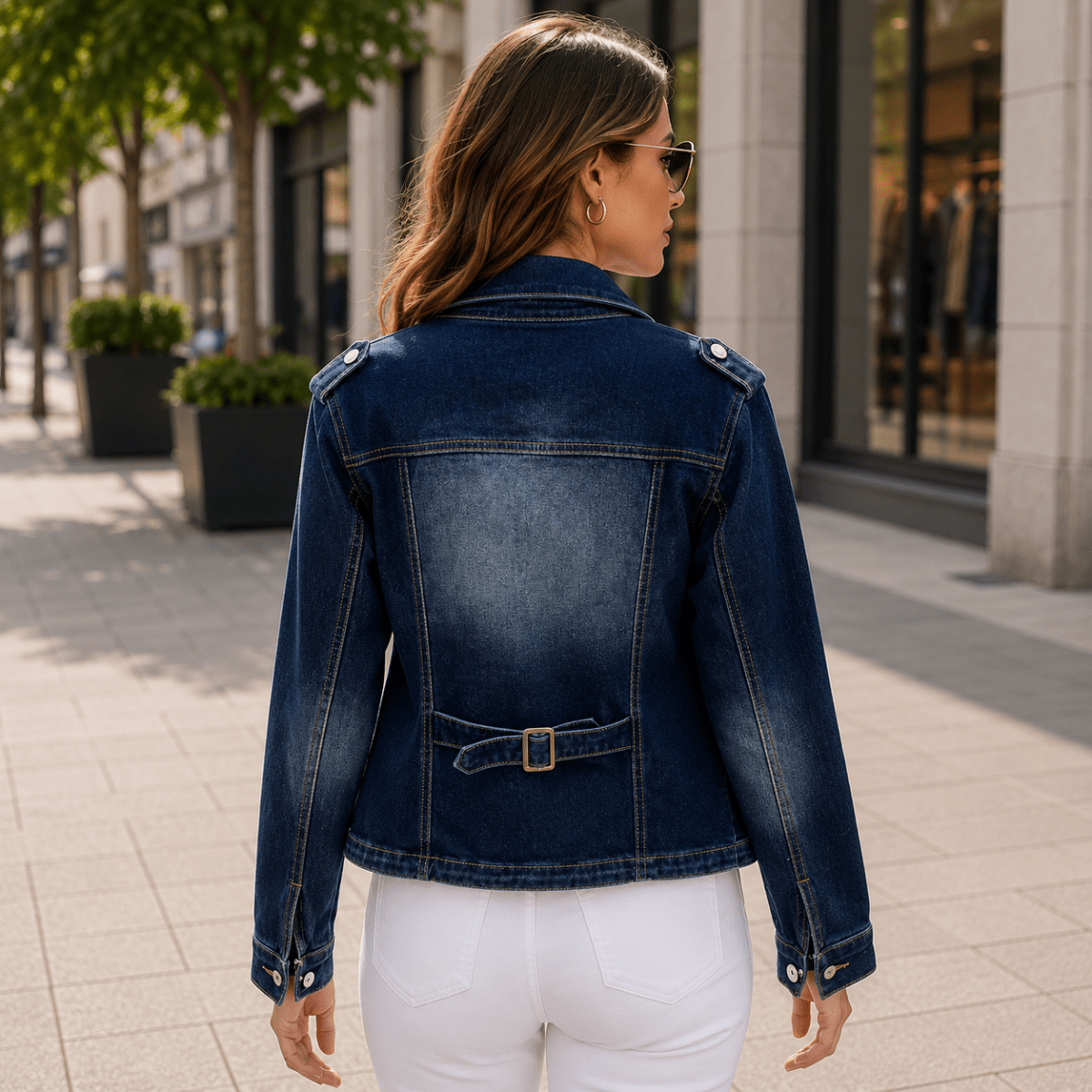 Back view of a woman wearing a dark wash denim moto jacket with a fitted cropped design and white jeans in an urban environment.