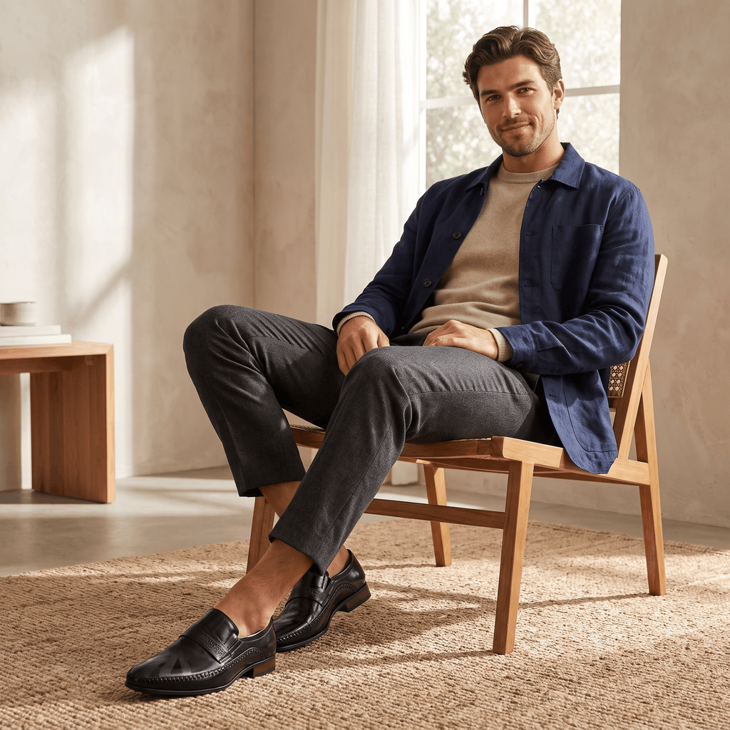 Man seated in wooden chair wearing navy jacket, gray trousers, and black patent leather Leonardo loafers in a sunlit room