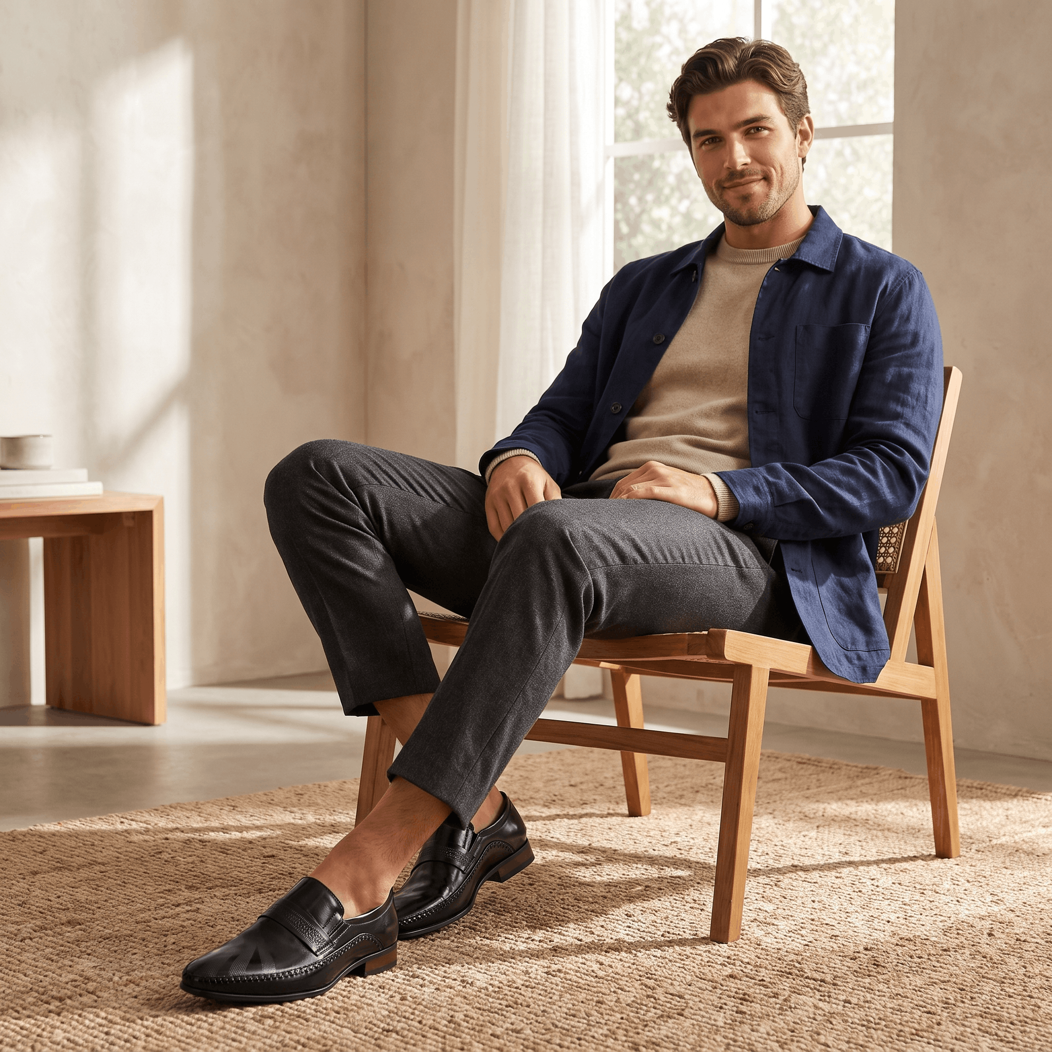 Man seated in wooden chair wearing navy jacket, gray trousers, and black patent leather Leonardo loafers in a sunlit room