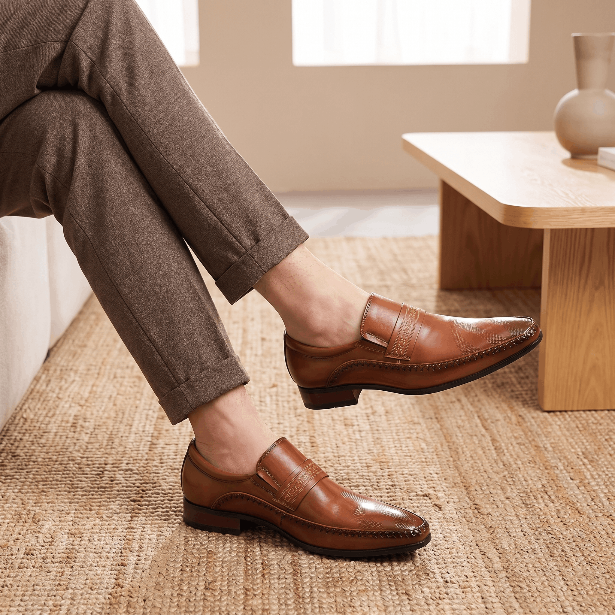 Crossed legs in brown trousers wearing brown leather Leonardo loafers over a jute rug indoors