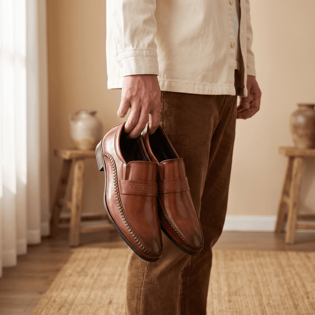 Man in cream shirt and brown corduroy trousers holding a pair of brown leather Leonardo loafers by hand indoors