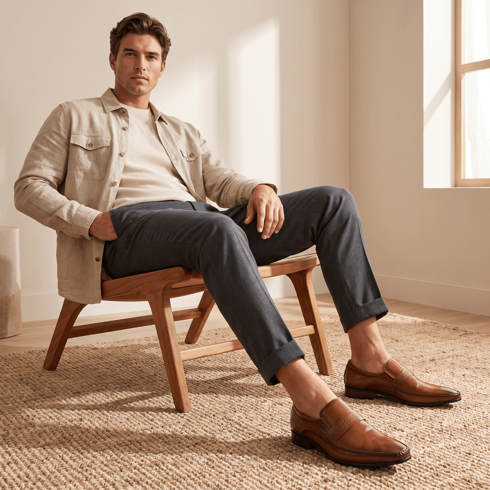 Man seated on wooden bench wearing beige jacket, gray trousers, and brown leather Leonardo loafers in a sunlit room