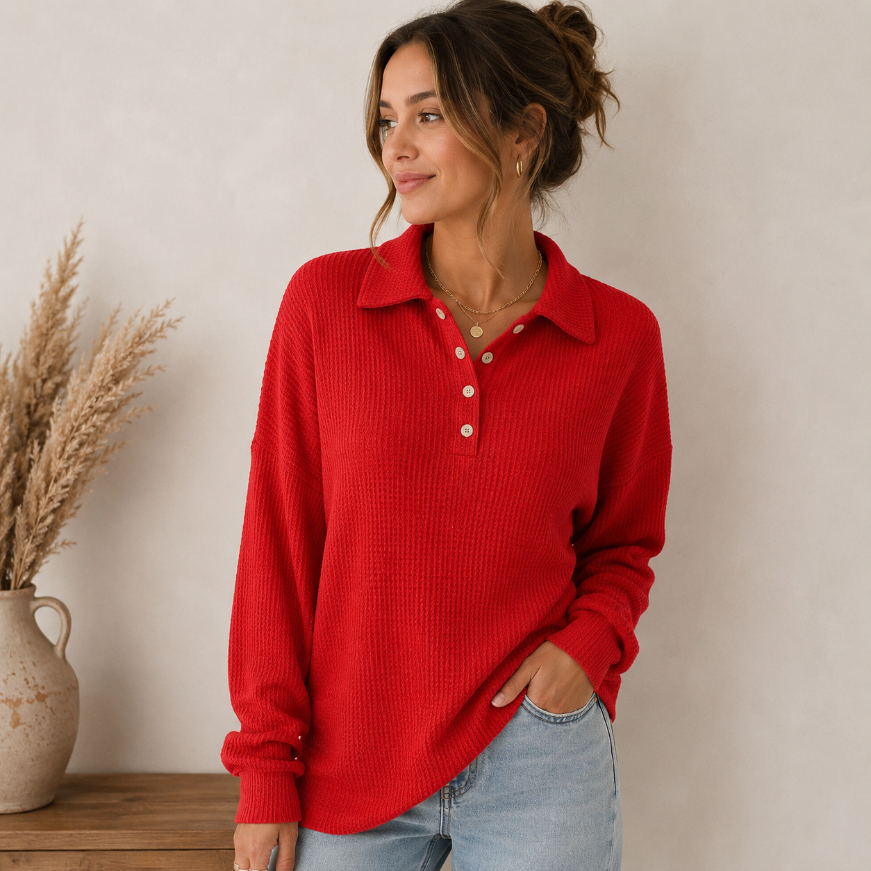 Woman wearing a red ribbed knit polo sweater featuring a button-front collar, long sleeves, and a relaxed silhouette.